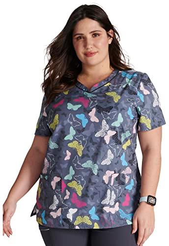 cherokee scrubs for women v-neck printed top modern classic fit with 3 pockets, knit details & side vents ck678, s, wing it up