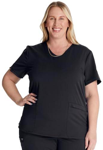 cherokee v-neck scrub top for women with 2 pockets knit insets and notch at the shirttail hem for comfort plus size ck837a, 4xl, black