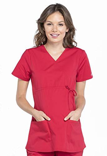 cherokee women's maternity scrub top with 3 pockets mock wrap ww685, m, red