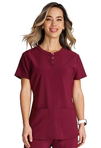 cherokee women's scrub top snap front henley with 2 pockets and center back length of 26" - ck749a, m, wine