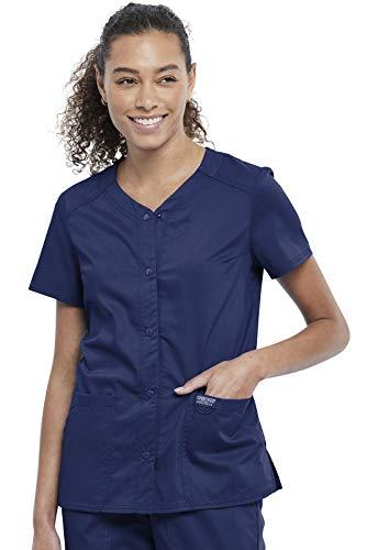 cherokee women's v-neck scrub top with snap front, 4 pockets, and 2-way stretch fabric ww622, l, navy