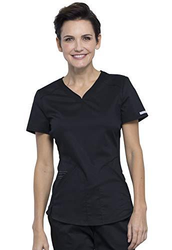 cherokee women's v neck scrubs top with shirttail hem ww601, l, black