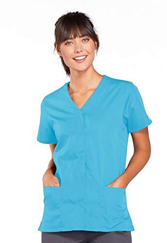 cherokee women's workwear snap front v-neck scrubs shirt, turquoise, small