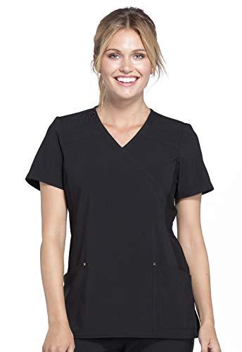 cherokee women mock wrap contemporary fit scrubs top with stretchy knit panel ck680, xxs, black