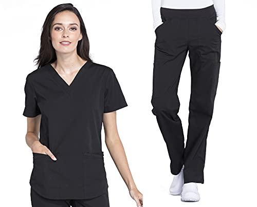 cherokee women scrub set modern fit 3 pocket v-neck top ww665 with 6 pocket mid rise straight leg pants ww170, black- l top/l pant