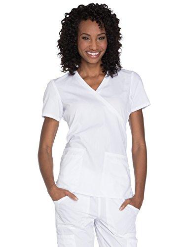 cherokee womens workwear core stretch mock wrap shirt medical scrubs, white, x-small us
