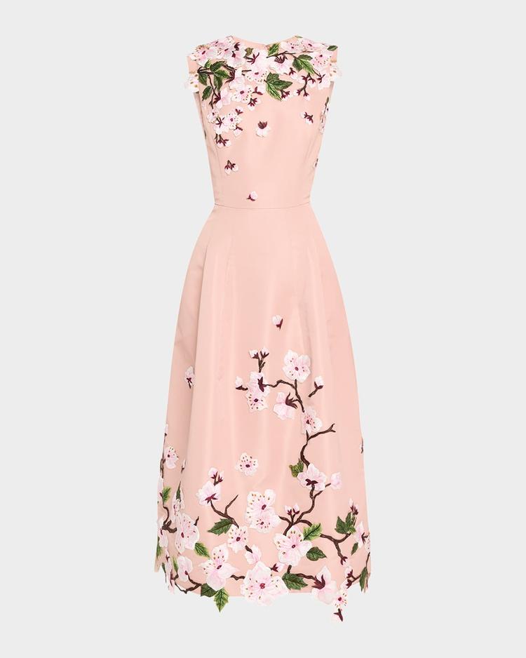 cherry blossom embroidered faille sleeveless cocktail dress