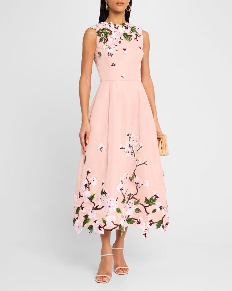 cherry blossom embroidered faille sleeveless cocktail dress