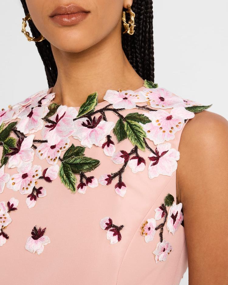 cherry blossom embroidered faille sleeveless cocktail dress