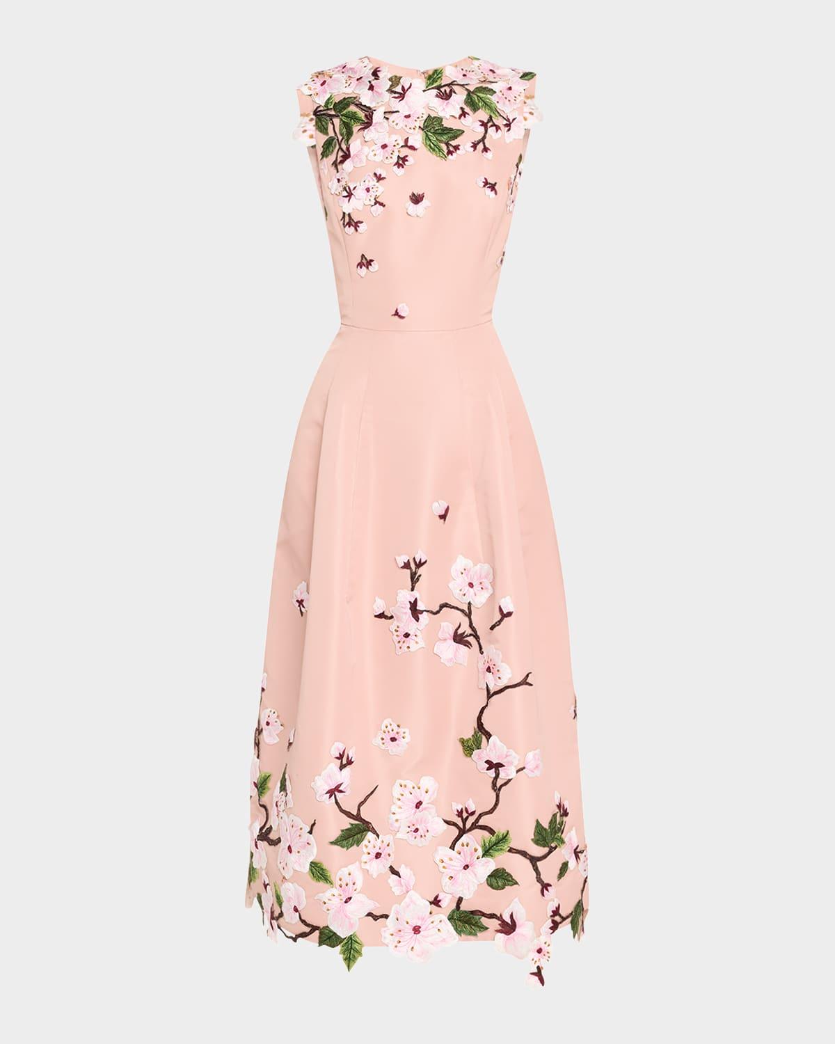 cherry blossom embroidered faille sleeveless cocktail dress