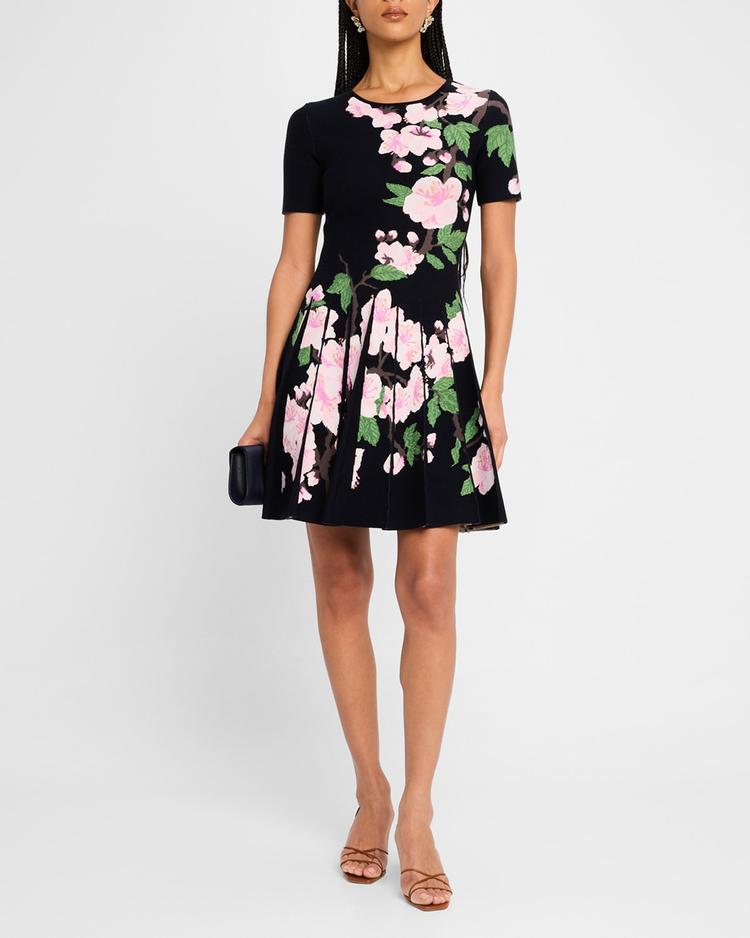 cherry blossom jacquard knit pleated mini dress