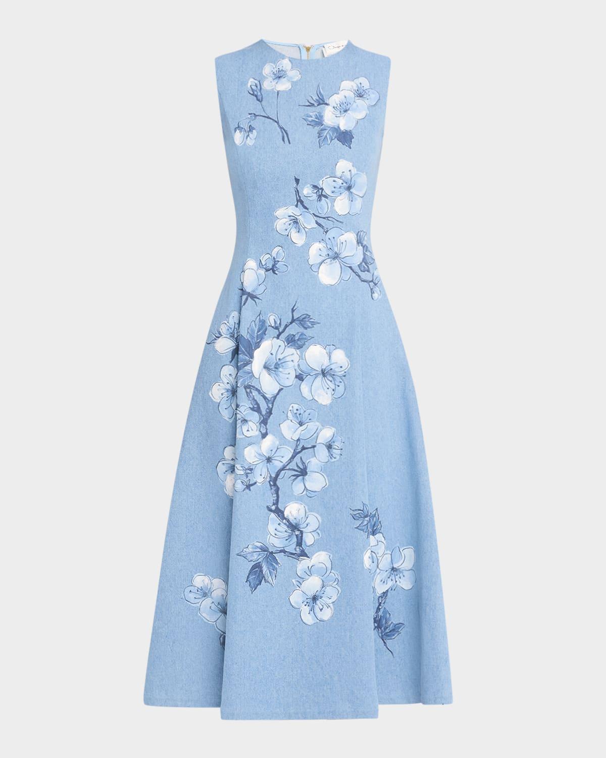 cherry blossom printed denim sleeveless midi dress