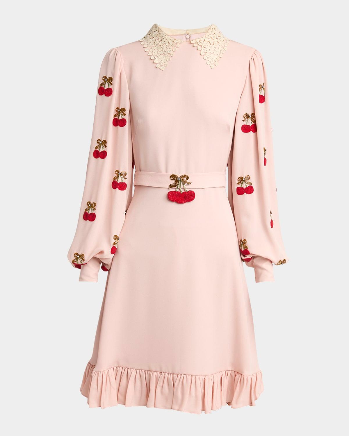 cherry embroidered georgette balloon-sleeve mini dress