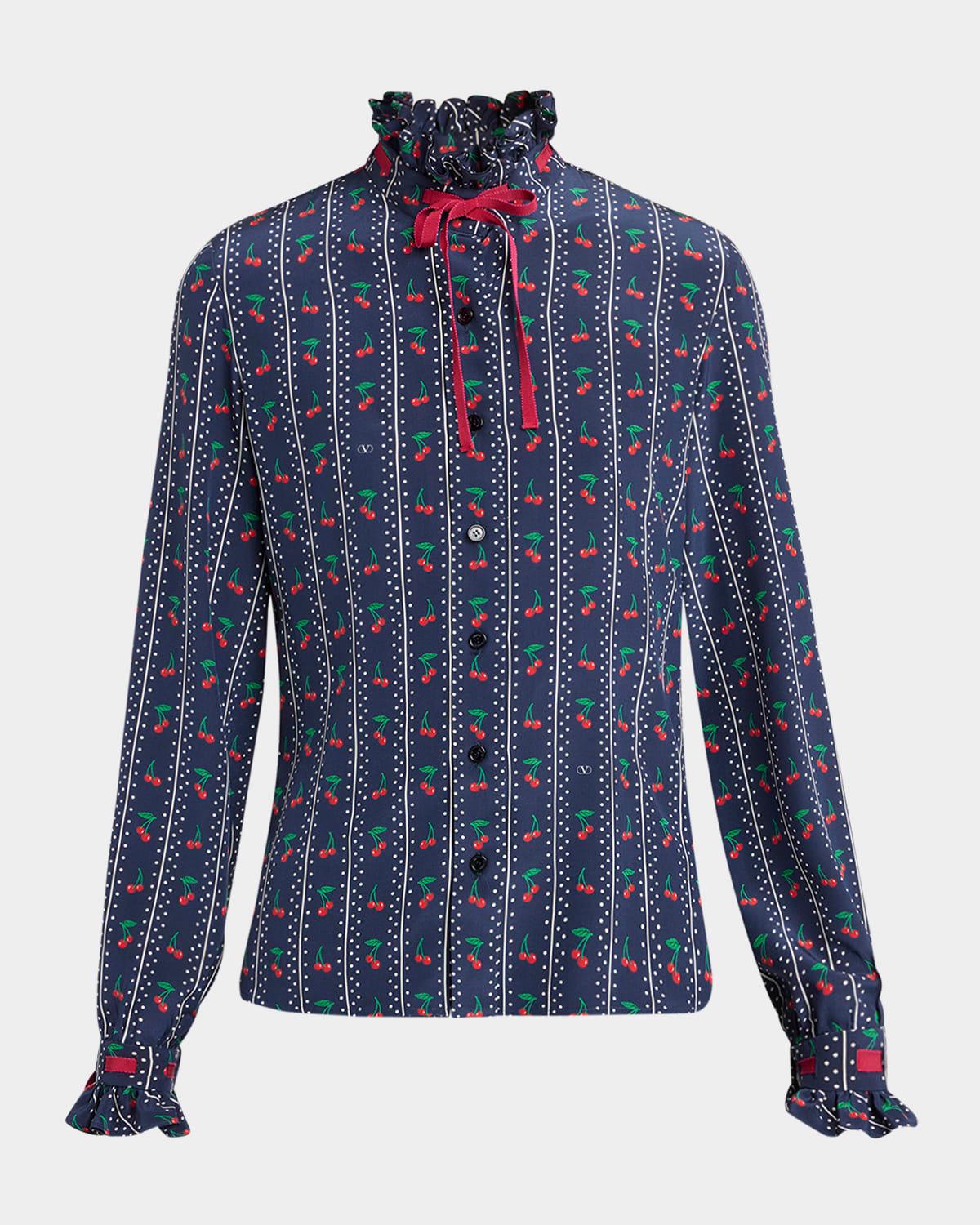 cherry polka-dot striped crepe de chine shirt
