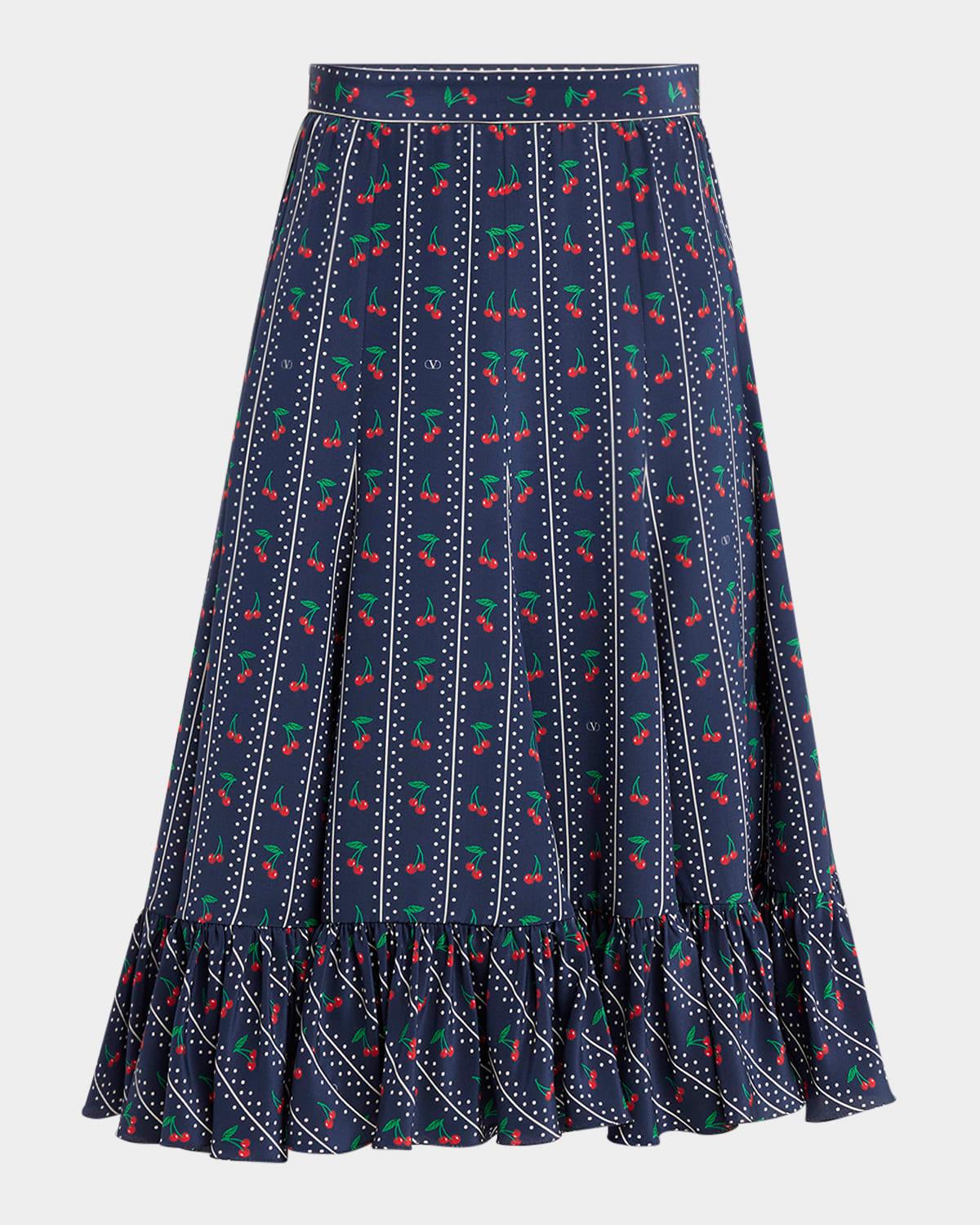 cherry polka-dot striped crepe de chine skirt