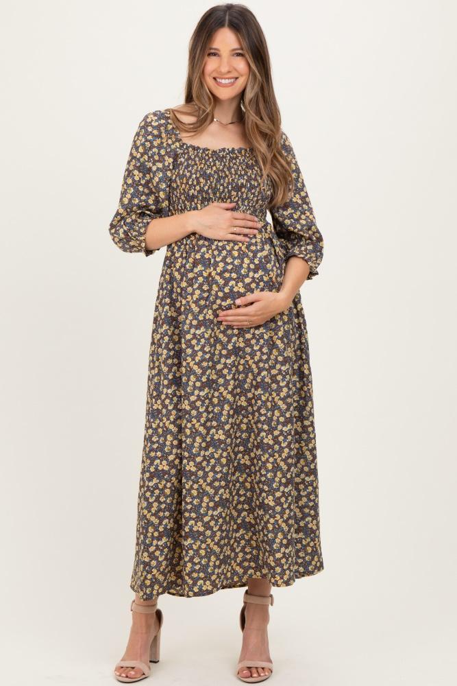 chestnut floral print smocked bodice maternity maxi dress