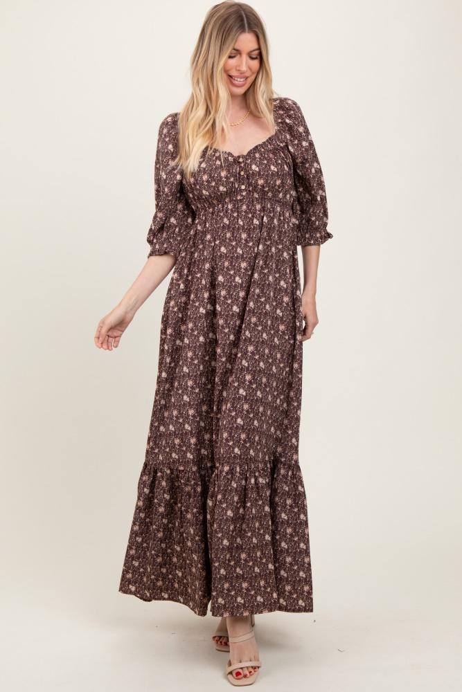 chestnut floral sweetheart neckline maxi dress