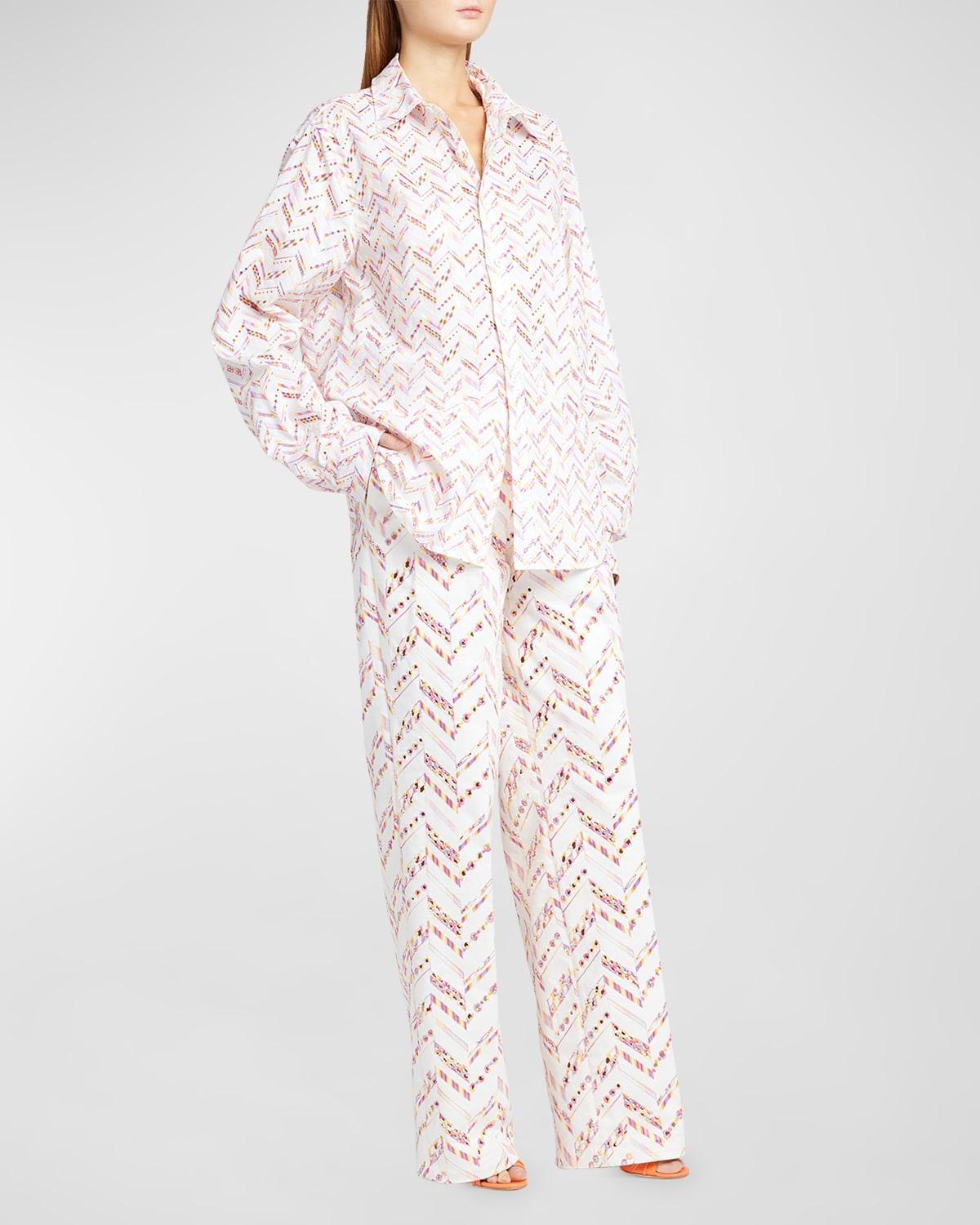 chevron broderie anglaise long-sleeve collared shirt