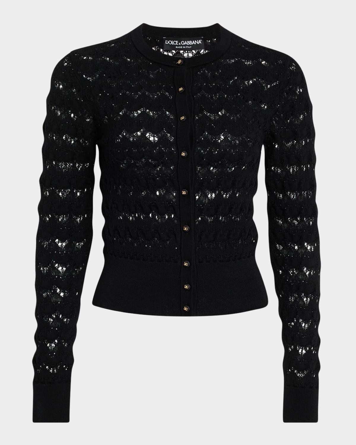 chevron open-knit crewneck cardigan