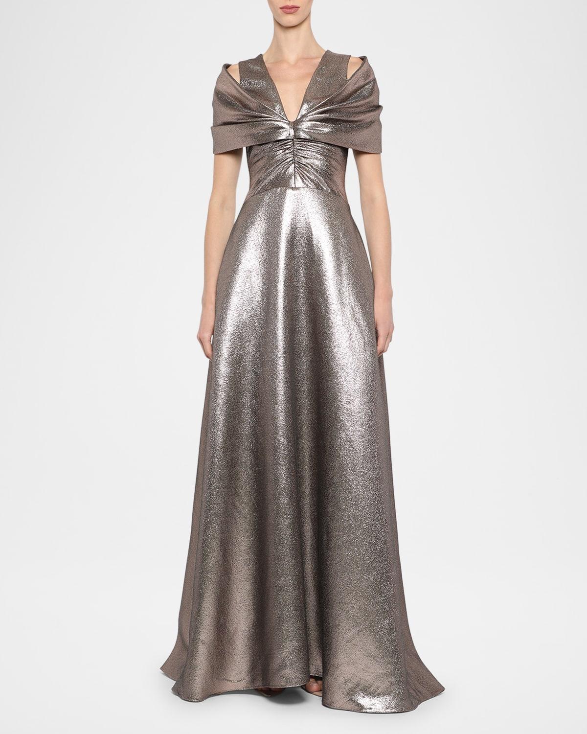 chiara metallic draped-shoulder gown