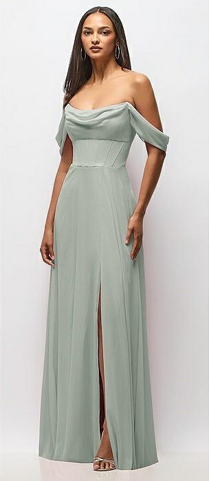 chiffon corset maxi dress with removable off-the-shoulder swags