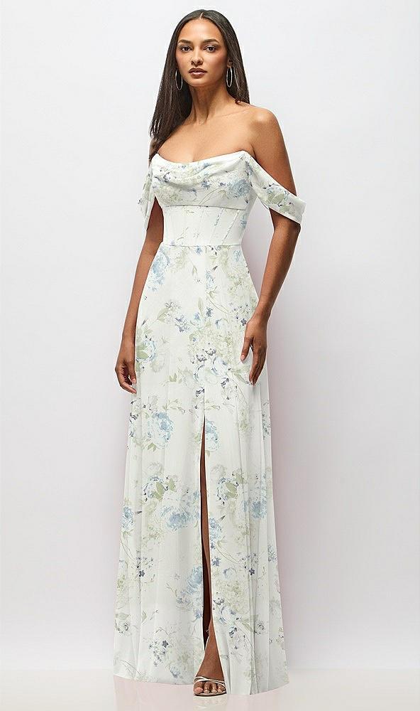 chiffon corset maxi dress with removable off-the-shoulder swags