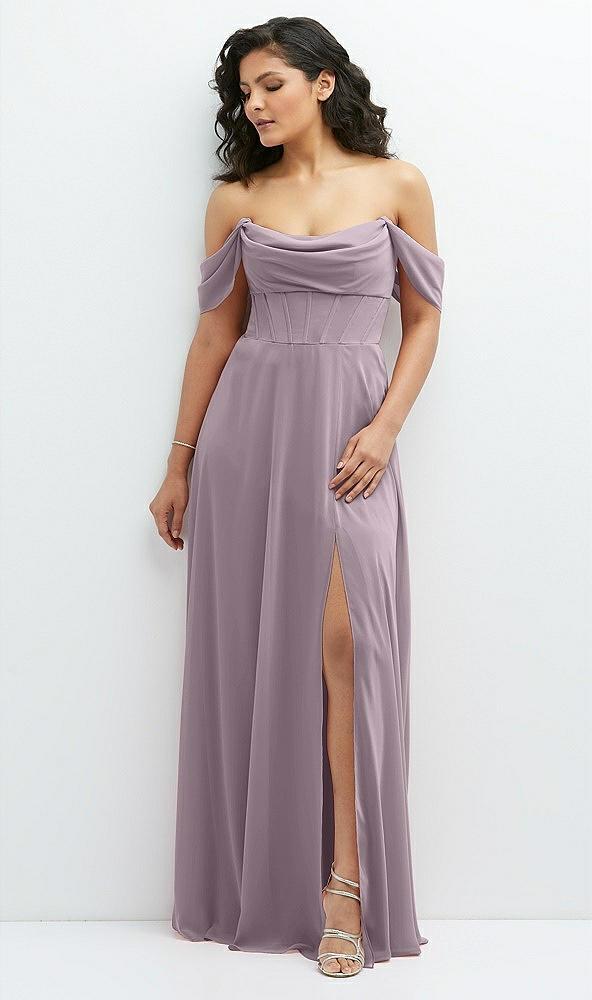 chiffon corset maxi dress with removable off-the-shoulder swags