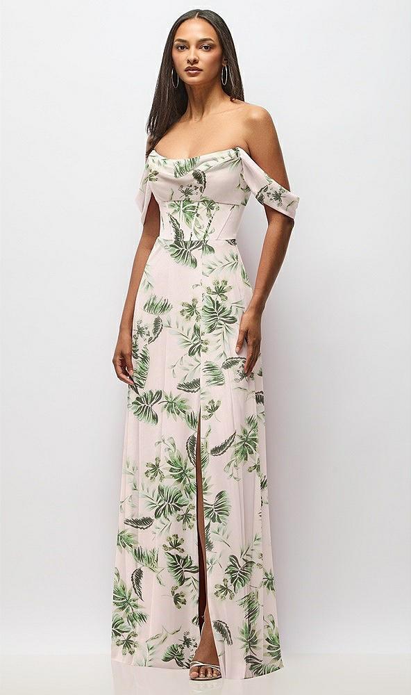 chiffon corset maxi dress with removable off-the-shoulder swags