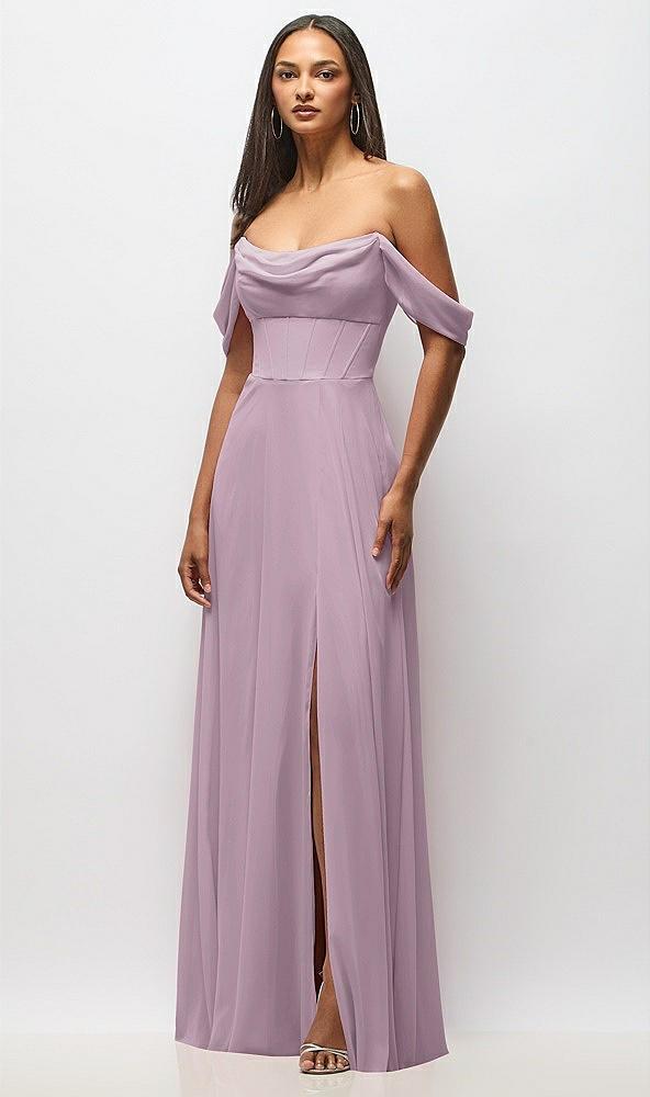 chiffon corset maxi dress with removable off-the-shoulder swags