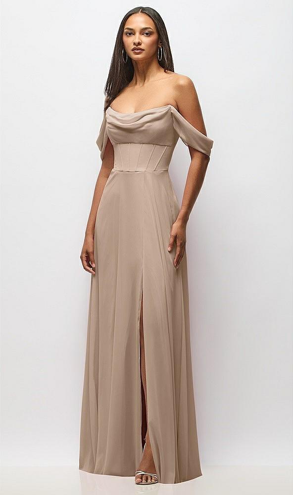 chiffon corset maxi dress with removable off-the-shoulder swags