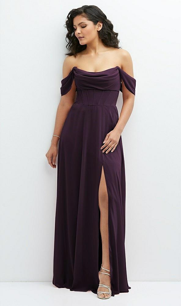 chiffon corset maxi dress with removable off-the-shoulder swags