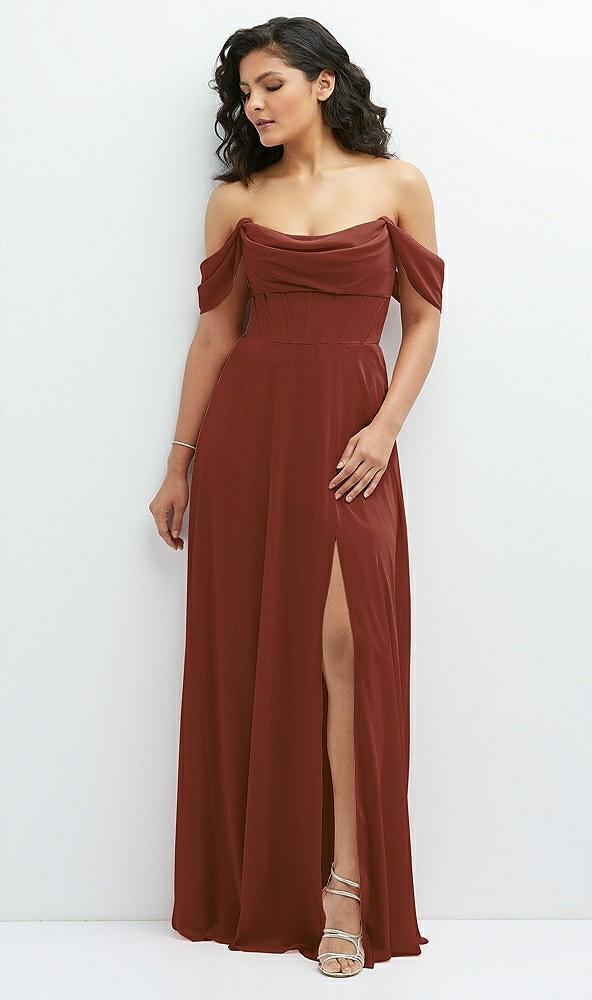chiffon corset maxi dress with removable off-the-shoulder swags