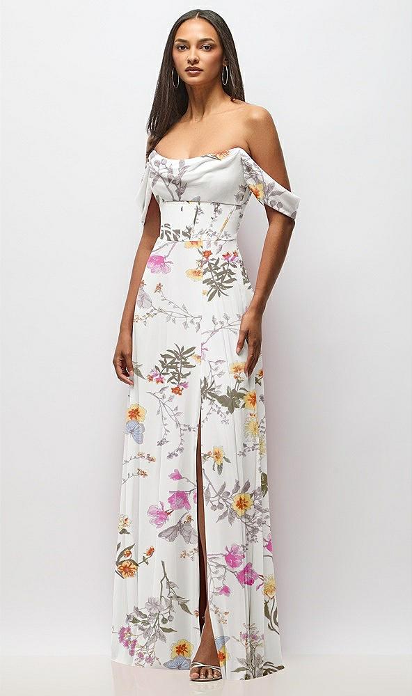 chiffon corset maxi dress with removable off-the-shoulder swags