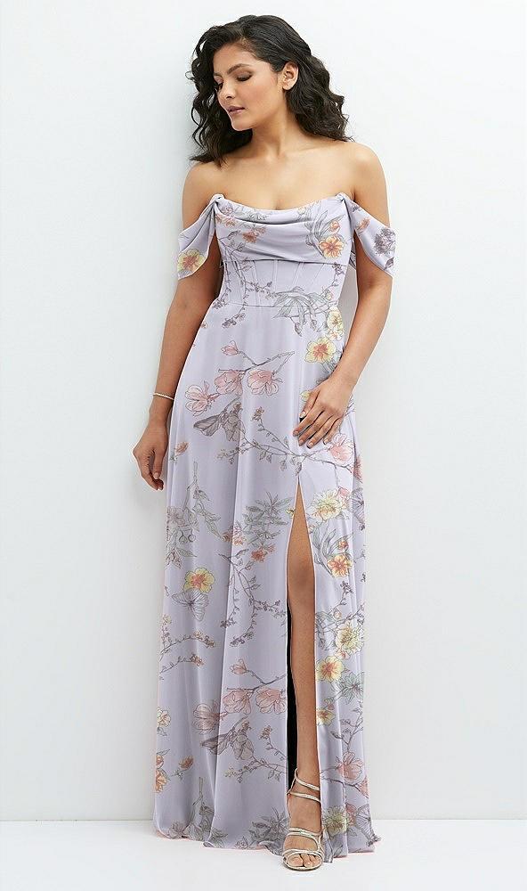 chiffon corset maxi dress with removable off-the-shoulder swags