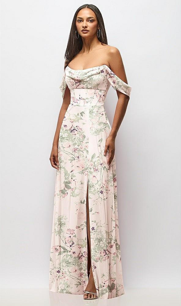 chiffon corset maxi dress with removable off-the-shoulder swags