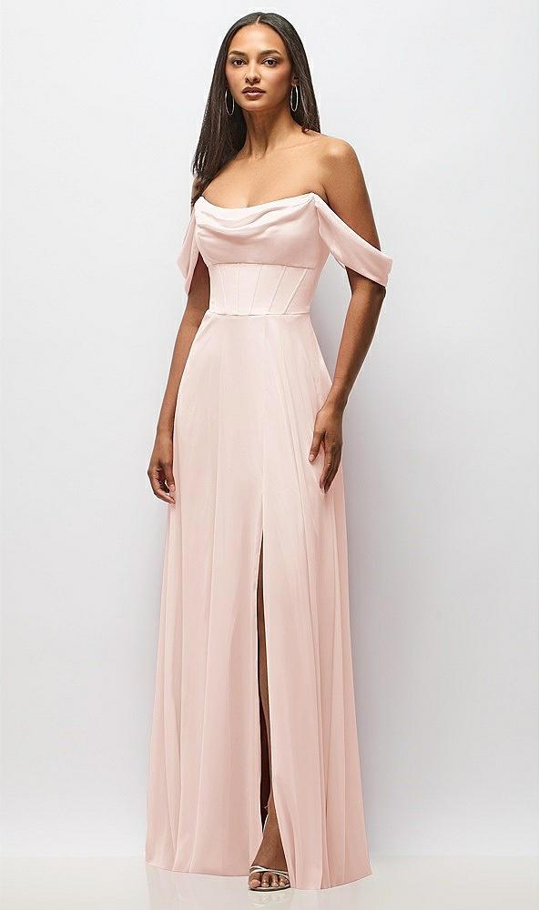 chiffon corset maxi dress with removable off-the-shoulder swags
