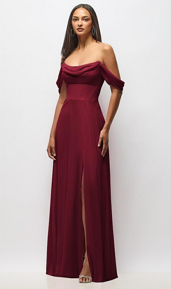 chiffon corset maxi dress with removable off-the-shoulder swags