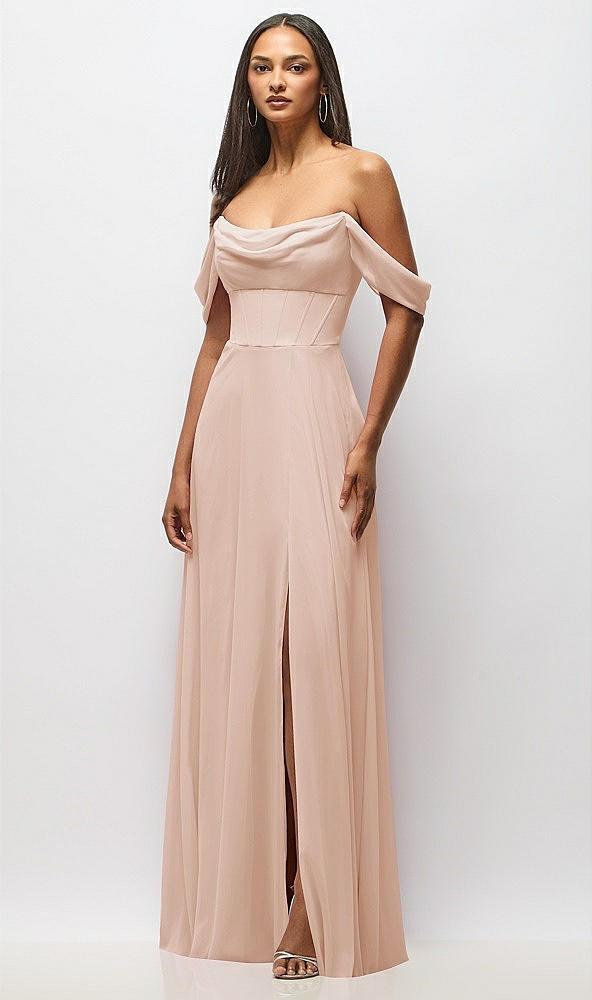 chiffon corset maxi dress with removable off-the-shoulder swags