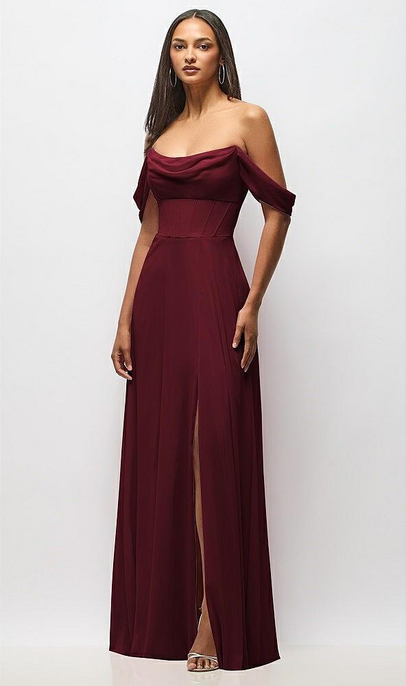 chiffon corset maxi dress with removable off-the-shoulder swags