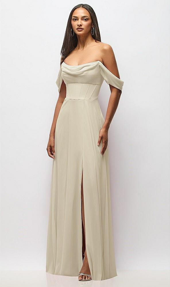 chiffon corset maxi dress with removable off-the-shoulder swags