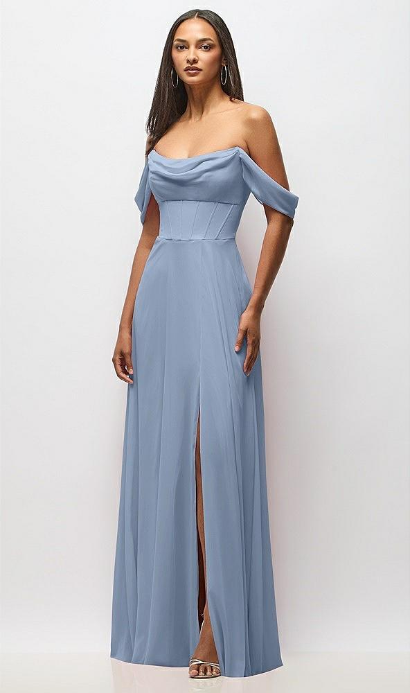 chiffon corset maxi dress with removable off-the-shoulder swags