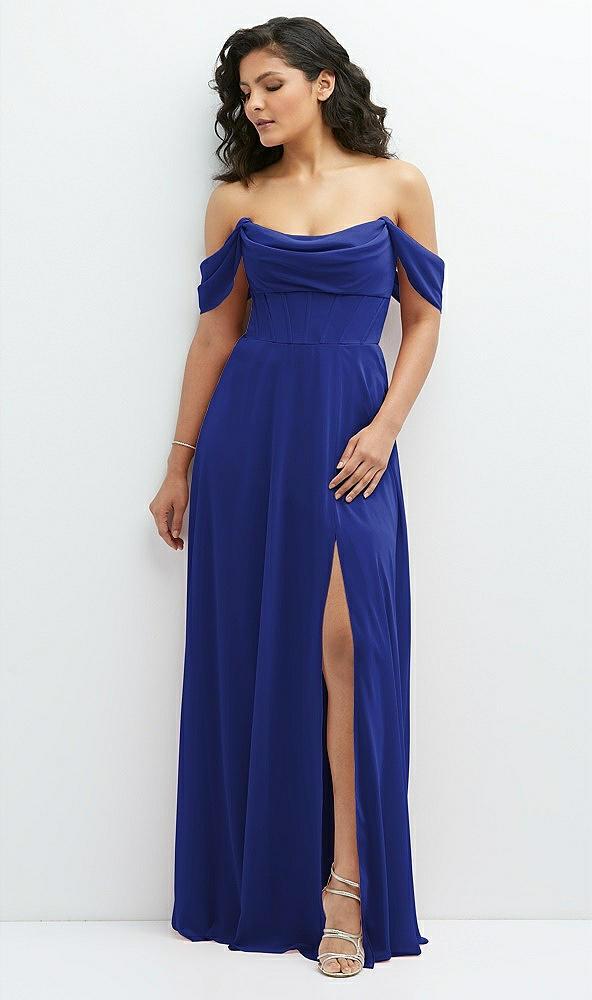 chiffon corset maxi dress with removable off-the-shoulder swags