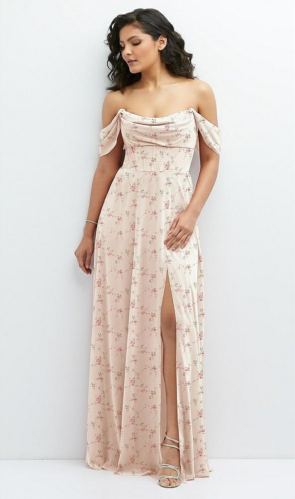 chiffon corset maxi dress with removable off-the-shoulder swags