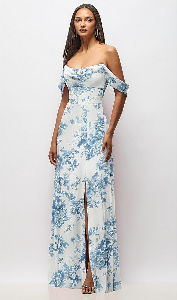chiffon corset maxi dress with removable off-the-shoulder swags
