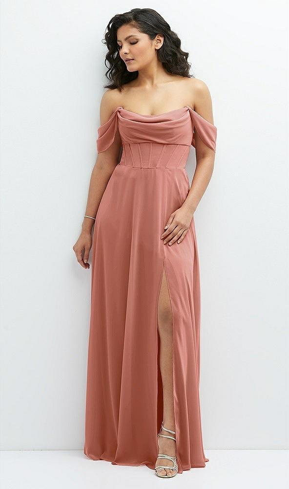 chiffon corset maxi dress with removable off-the-shoulder swags