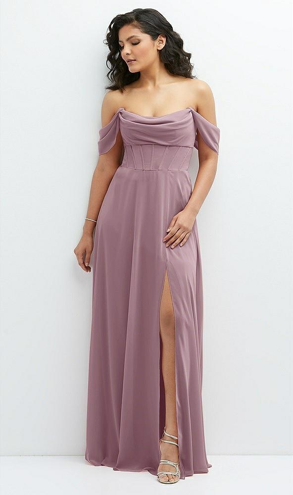 chiffon corset maxi dress with removable off-the-shoulder swags