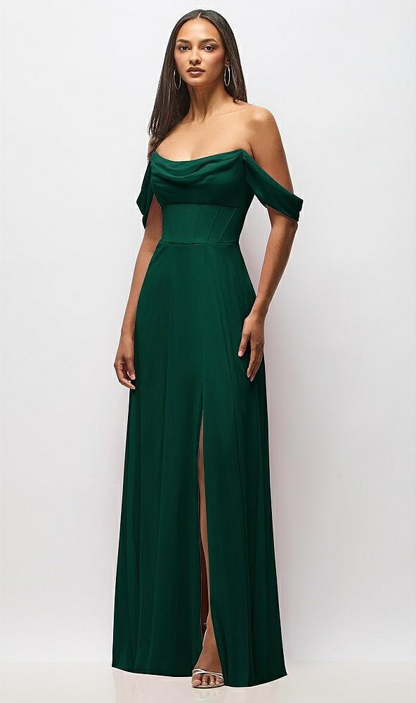 chiffon corset maxi dress with removable off-the-shoulder swags