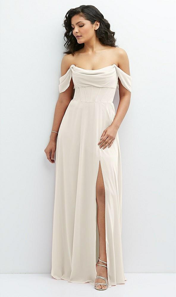 chiffon corset maxi dress with removable off-the-shoulder swags