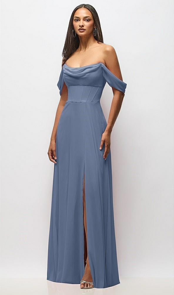 chiffon corset maxi dress with removable off-the-shoulder swags