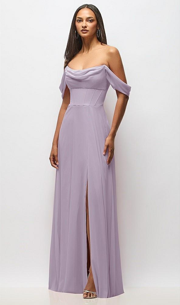chiffon corset maxi dress with removable off-the-shoulder swags